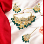 Green Pakistani Pearl Choker Kundan Earring With Mangtika Set, Green Choker, Pakistani Choker Kundan Set, Pearl Bridal Jewellery Set - Libasaa.com