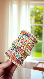 Multi Kundan Bangles Set with Moti Touch Traditional Elegance for Every Occasion - Libasaa.com