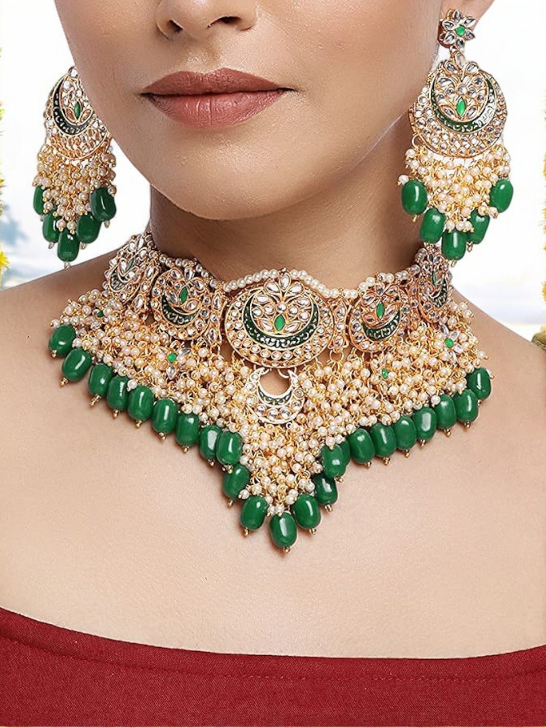 Green Pakistani Pearl Choker Kundan Earring With Mangtika Set, Green Choker, Pakistani Choker Kundan Set, Pearl Bridal Jewellery Set - Libasaa.com