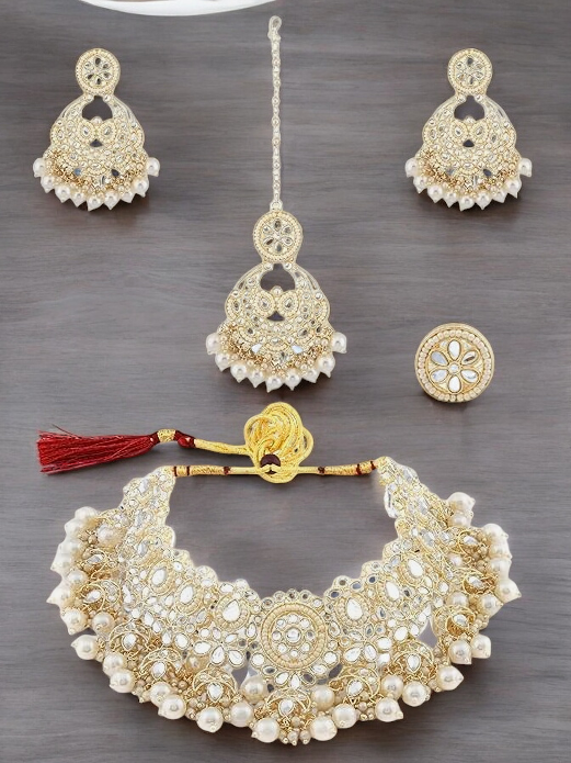 Gold Kundan Bridal Choker Necklace With Pearl Earrings, Kundan Choker Necklace, Pearl Earrings Set, Indian Kundan Jewelry, Bridal Kundan Jewellery Set - Libasaa.com