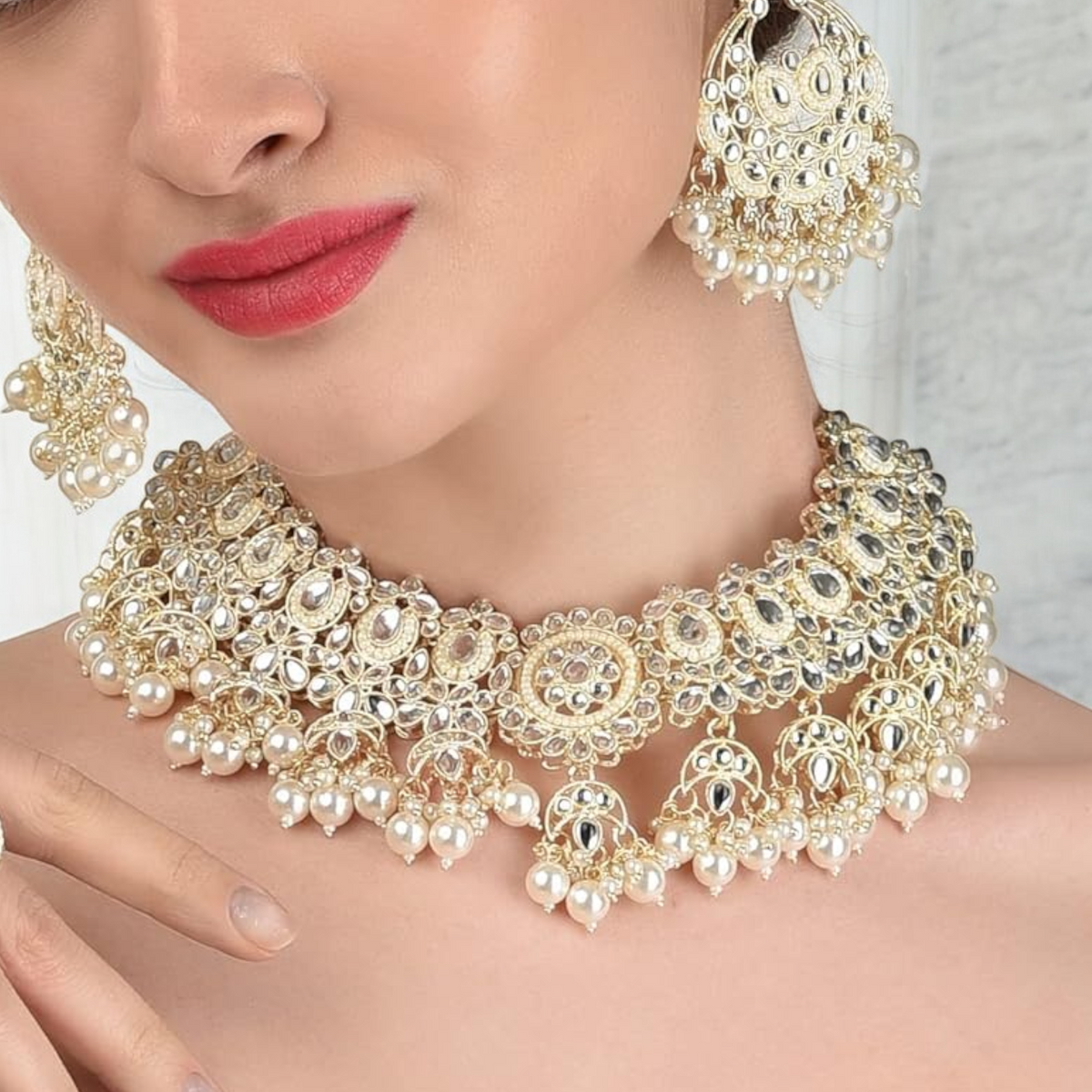 Gold Kundan Bridal Choker Necklace With Pearl Earrings, Kundan Choker Necklace, Pearl Earrings Set, Indian Kundan Jewelry, Bridal Kundan Jewellery Set - Libasaa.com