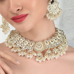 Gold Kundan Bridal Choker Necklace With Pearl Earrings, Kundan Choker Necklace, Pearl Earrings Set, Indian Kundan Jewelry, Bridal Kundan Jewellery Set - Libasaa.com