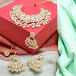 Gold Kundan Bridal Choker Necklace With Pearl Earrings, Kundan Choker Necklace, Pearl Earrings Set, Indian Kundan Jewelry, Bridal Kundan Jewellery Set - Libasaa.com