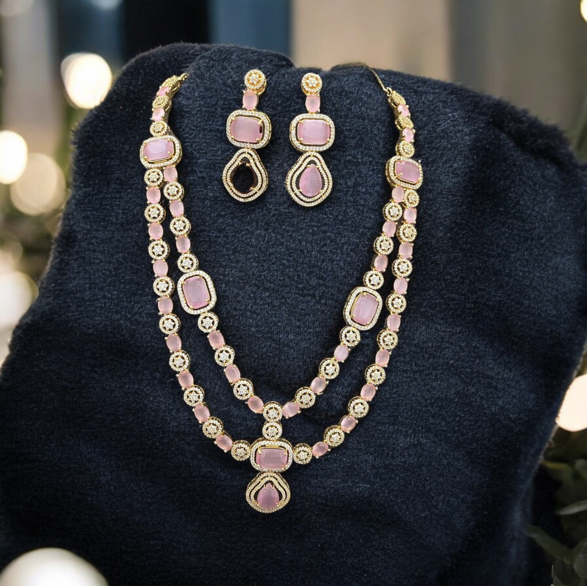 Bridal Cubic Zirconia AD Necklace Earrings Set, AD Necklace, CZ Earrings, Pakistani Bridal AD Jewelry Bridal CZ jewelry Set - Libasaa.com