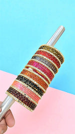 Full Set Bridal Bangles 2 Hand Glass Gold Drop Bangles with 10-Piece Metal Kundan Bangles Combo