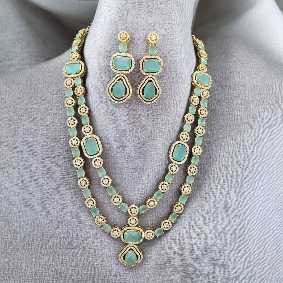 Bridal Cubic Zirconia AD Necklace Earrings Set, AD Necklace, CZ Earrings, Pakistani Bridal AD Jewelry Bridal CZ jewelry Set - Libasaa.com