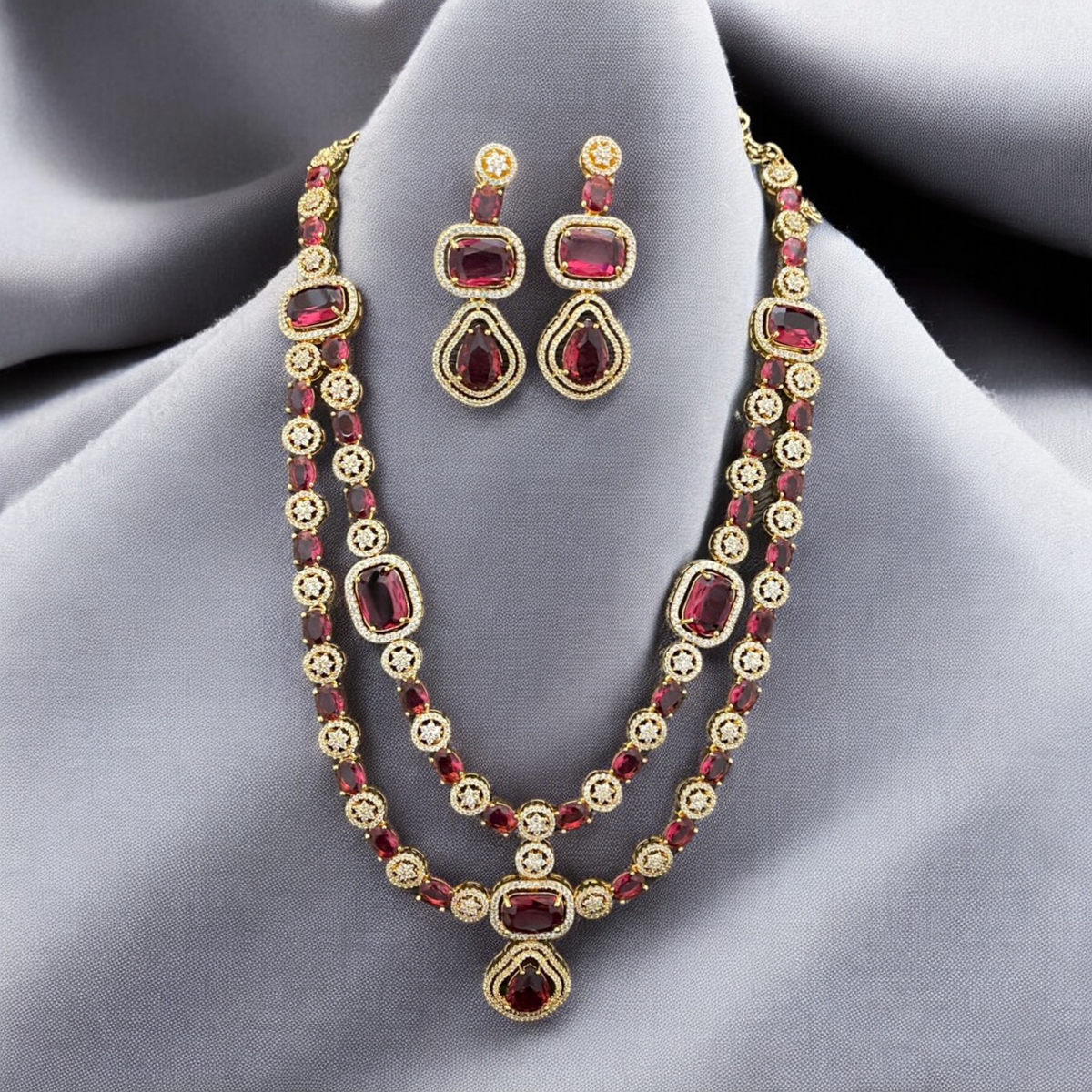 Bridal Cubic Zirconia AD Necklace Earrings Set, AD Necklace, CZ Earrings, Pakistani Bridal AD Jewelry Bridal CZ jewelry Set - Libasaa.com