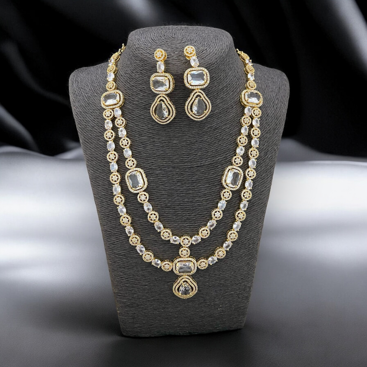 Bridal Cubic Zirconia AD Necklace Earrings Set, AD Necklace, CZ Earrings, Pakistani Bridal AD Jewelry Bridal CZ jewelry Set - Libasaa.com