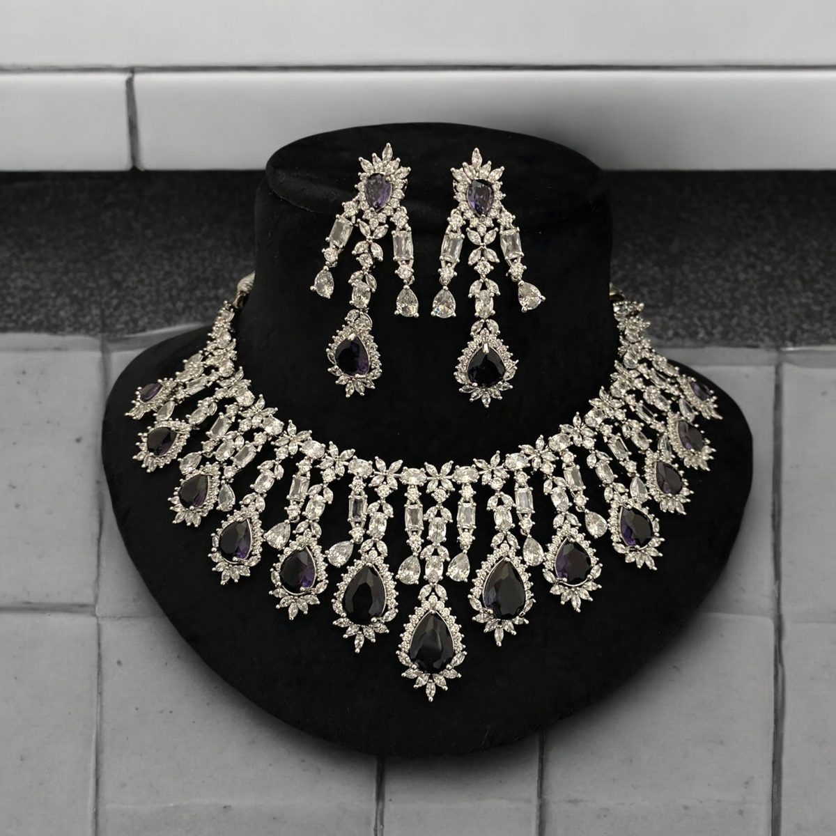 AD Necklace CZ Earrings Pakistani Jewelry Set, Pakistani AD Jewelry, Indian Bridal Jewelry, Bollywood AD Earrigns, Bridal Necklace Set - Libasaa.com
