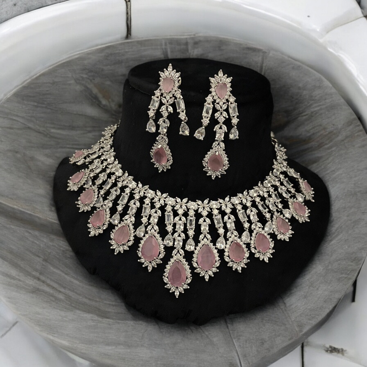 AD Necklace CZ Earrings Pakistani Jewelry Set, Pakistani AD Jewelry, Indian Bridal Jewelry, Bollywood AD Earrigns, Bridal Necklace Set - Libasaa.com