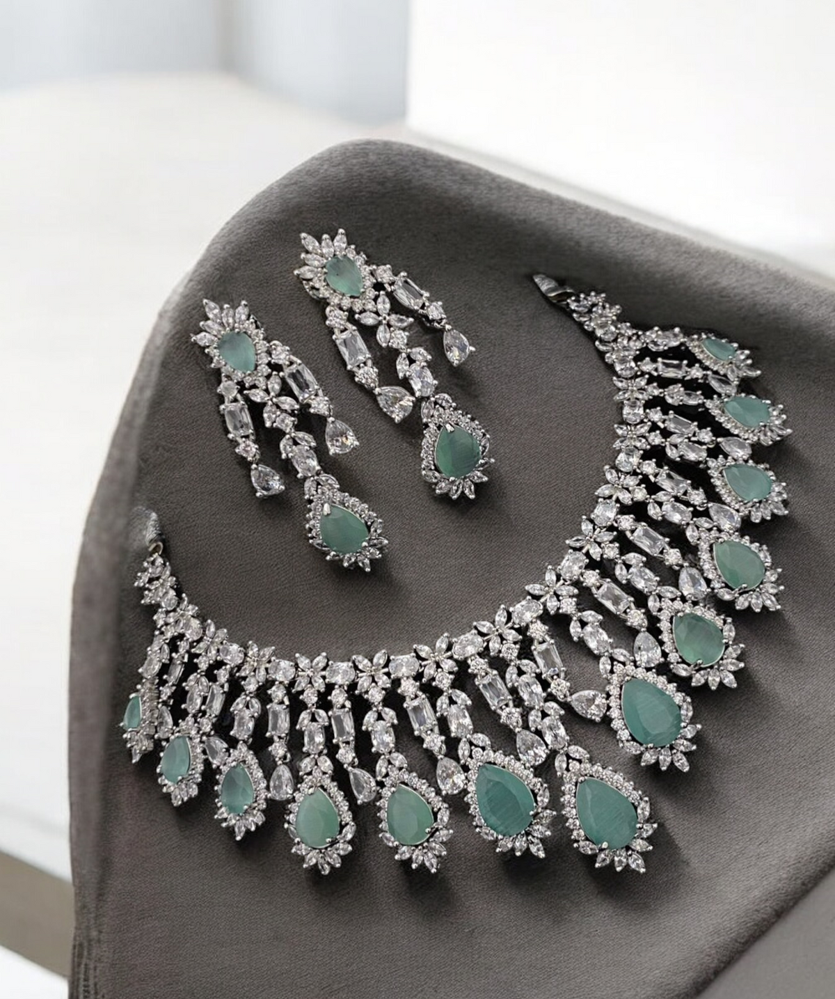 AD Necklace CZ Earrings Pakistani Jewelry Set, Pakistani AD Jewelry, Indian Bridal Jewelry, Bollywood AD Earrigns, Bridal Necklace Set - Libasaa.com