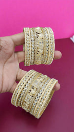 Golden Elephant Motif Kundan Bangles Set with Pearl & Stone Detailing Bridal Charm Collection - Libasaa.com