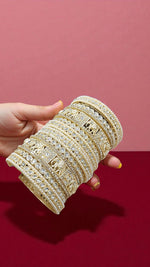 Golden Elephant Motif Kundan Bangles Set with Pearl & Stone Detailing Bridal Charm Collection - Libasaa.com