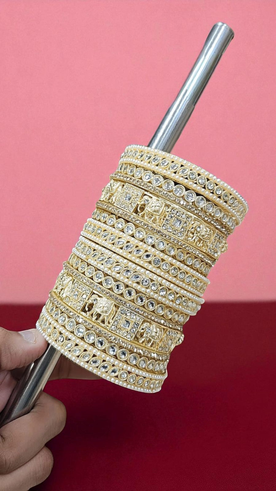 Golden Elephant Motif Kundan Bangles Set with Pearl & Stone Detailing Bridal Charm Collection - Libasaa.com