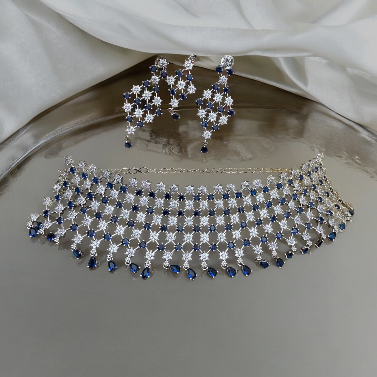 American Diamond Premuim Choker Earrings Mangtika Set, Indian AD Necklace Set, Earrings CZ Set, Bridal Jewelry set, Mangtika Set, AD Maangtika Set - Libasaa.com