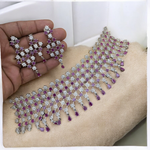 American Diamond Premuim Choker Earrings Mangtika Set, Indian AD Necklace Set, Earrings CZ Set, Bridal Jewelry set, Mangtika Set, AD Maangtika Set - Libasaa.com