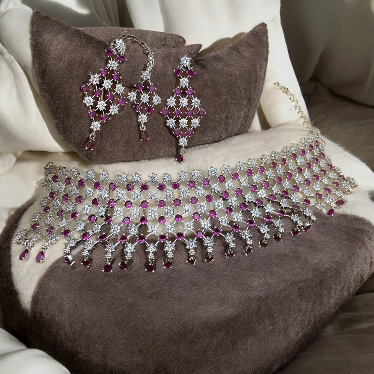 American Diamond Premuim Choker Earrings Mangtika Set, Indian AD Necklace Set, Earrings CZ Set, Bridal Jewelry set, Mangtika Set, AD Maangtika Set - Libasaa.com
