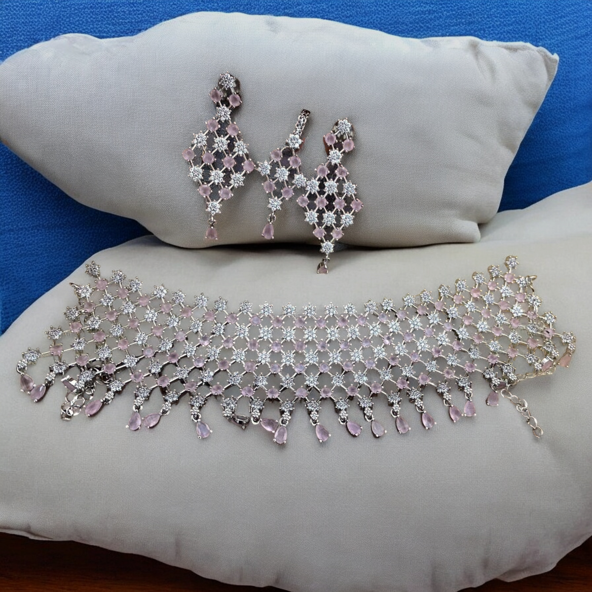 American Diamond Premuim Choker Earrings Mangtika Set, Indian AD Necklace Set, Earrings CZ Set, Bridal Jewelry set, Mangtika Set, AD Maangtika Set - Libasaa.com