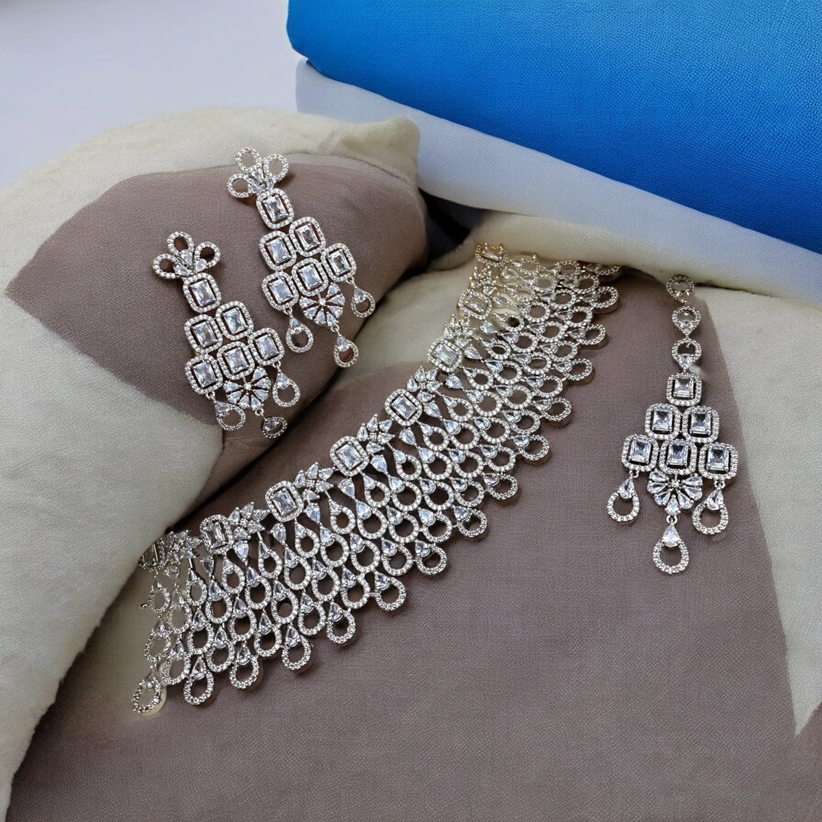 Wedding Choker Earrings Maang Tika AD Jewellery Set, AD Maangtika With Choker, Necklace Earrings Set, AD Earrings - Libasaa.com