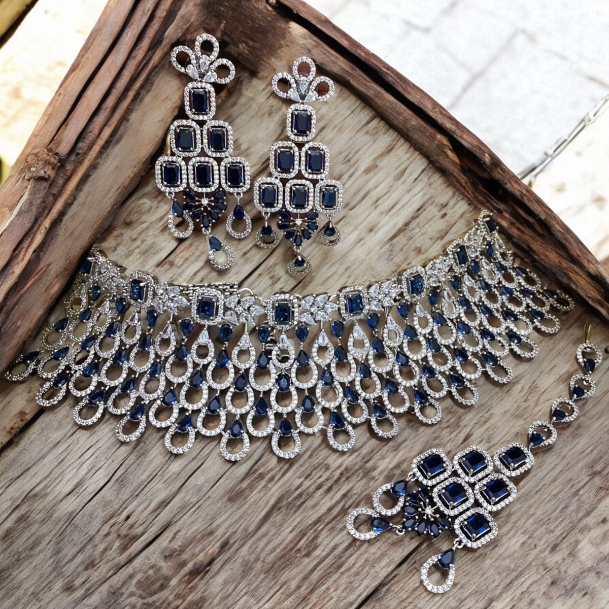 Wedding Choker Earrings Maang Tika AD Jewellery Set, AD Maangtika With Choker, Necklace Earrings Set, AD Earrings - Libasaa.com