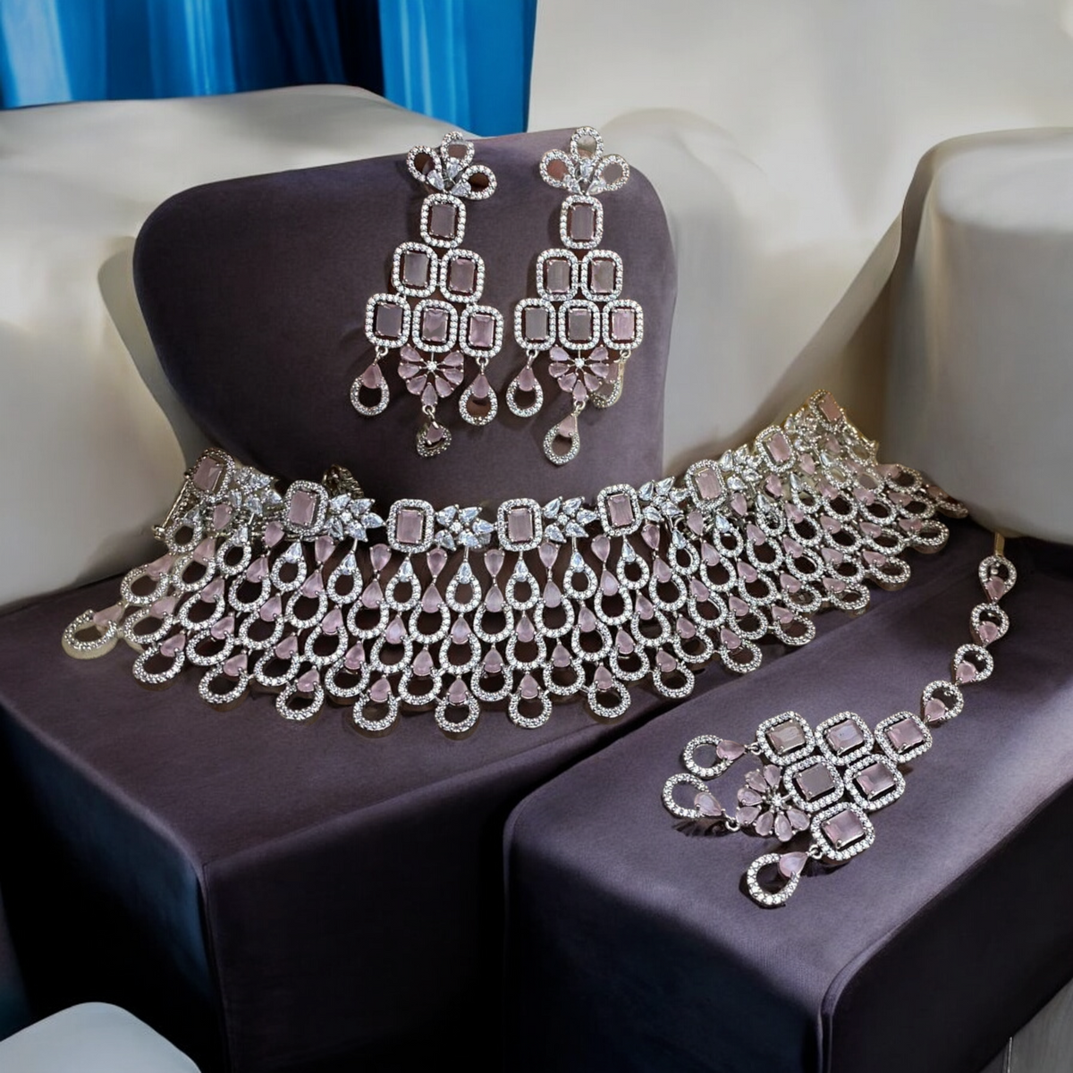 Wedding Choker Earrings Maang Tika AD Jewellery Set, AD Maangtika With Choker, Necklace Earrings Set, AD Earrings - Libasaa.com