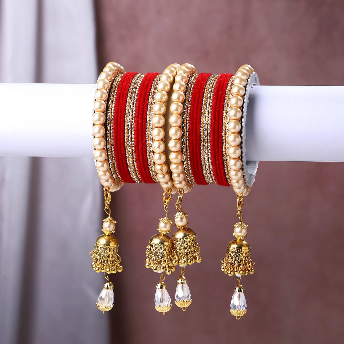 Traditional Pearl Jhumki Earrings & Velvet Bangle Set