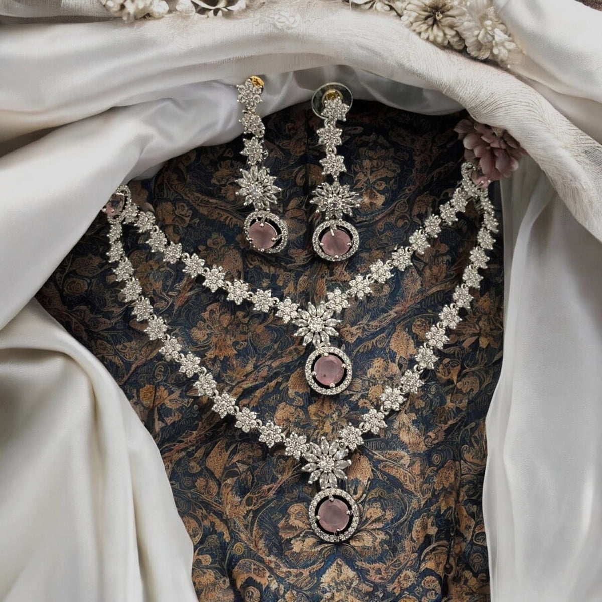 Layered Indian CZ Bridal Necklace Earrings Set, Indian CZ Jewelry, Pakistani AD Jewelry, Bridal Jewellery Set, Weding AD Necklace, Bollywood AD Earrings Set, Indian AD Jewelry Sey - Libasaa.com