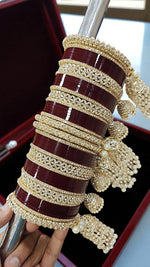 Red Bridal Chuda Set with Gold Kundan Detailing & Pearl Kaleere Traditional Punjabi Wedding Bangles - Libasaa.com