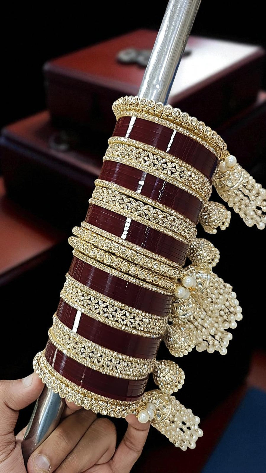 Red Bridal Chuda Set with Gold Kundan Detailing & Pearl Kaleere Traditional Punjabi Wedding Bangles - Libasaa.com