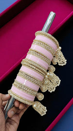 Red Bridal Chuda Set with Gold Kundan Detailing & Pearl Kaleere Traditional Punjabi Wedding Bangles - Libasaa.com