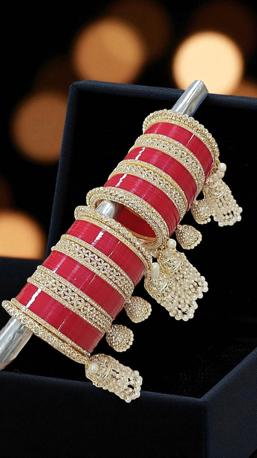 Red Bridal Chuda Set with Gold Kundan Detailing & Pearl Kaleere Traditional Punjabi Wedding Bangles - Libasaa.com