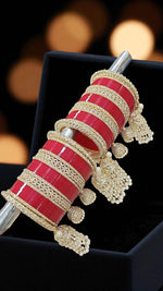 Red Bridal Chuda Set with Gold Kundan Detailing & Pearl Kaleere Traditional Punjabi Wedding Bangles - Libasaa.com