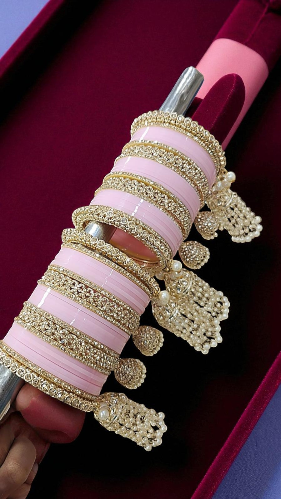 Red Bridal Chuda Set with Gold Kundan Detailing & Pearl Kaleere Traditional Punjabi Wedding Bangles - Libasaa.com