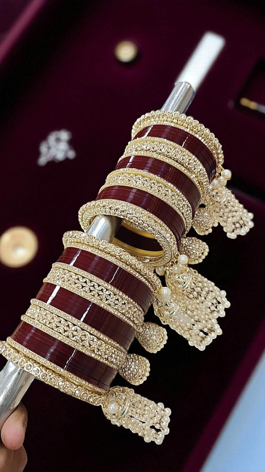 Red Bridal Chuda Set with Gold Kundan Detailing & Pearl Kaleere Traditional Punjabi Wedding Bangles - Libasaa.com
