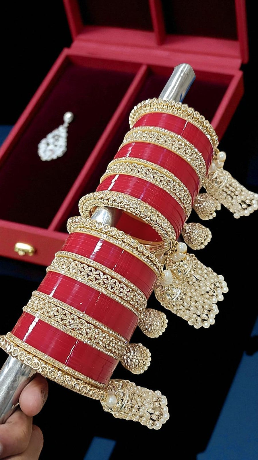 Red Bridal Chuda Set with Gold Kundan Detailing & Pearl Kaleere Traditional Punjabi Wedding Bangles - Libasaa.com