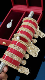 Red Bridal Chuda Set with Gold Kundan Detailing & Pearl Kaleere Traditional Punjabi Wedding Bangles - Libasaa.com