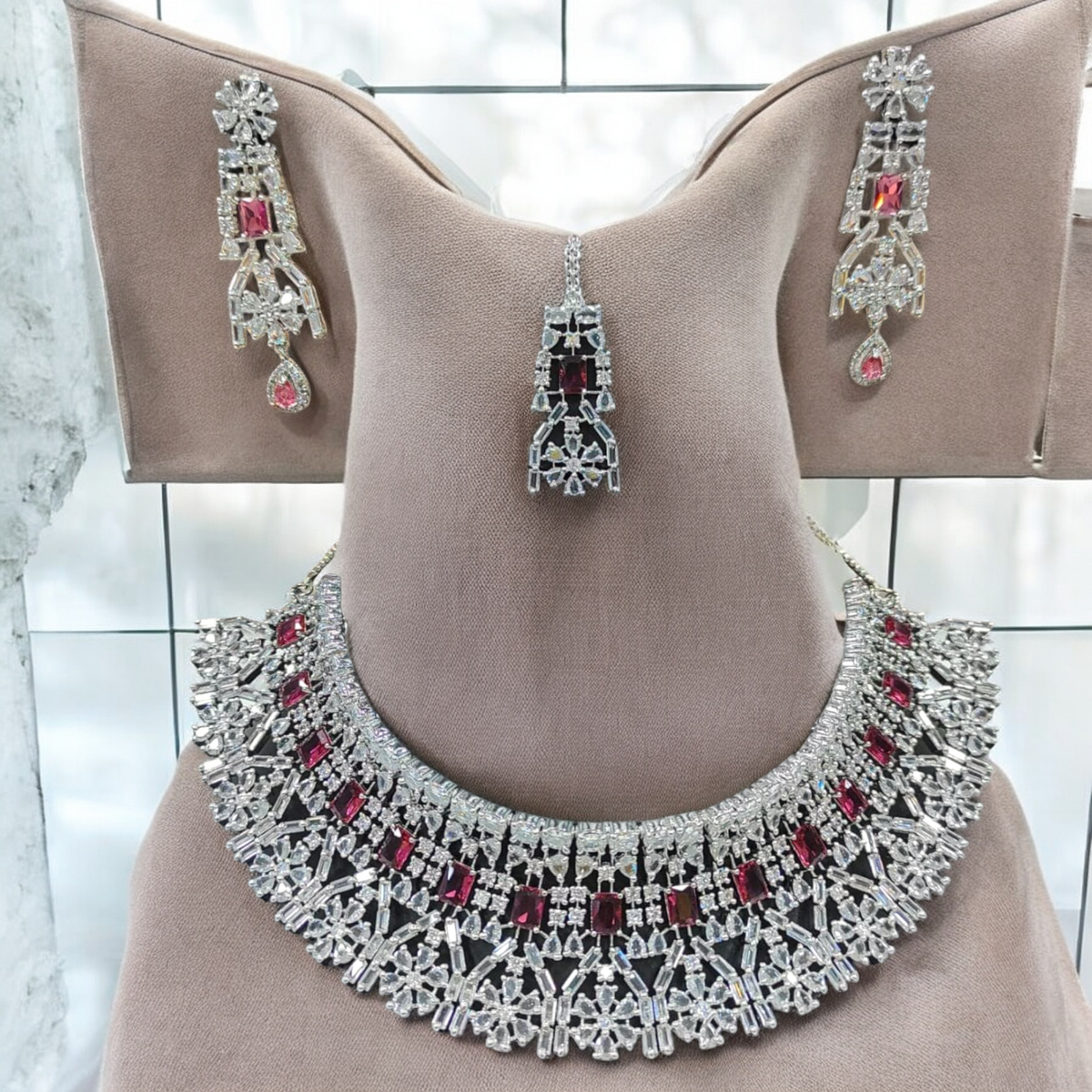 CZ Bollywood Inspired Necklace AD Earrings Set, AD Necklace Set, AD Jewelry Set, AD Choker Set, Indian Wedding AD Jewelry Set - Libasaa.com