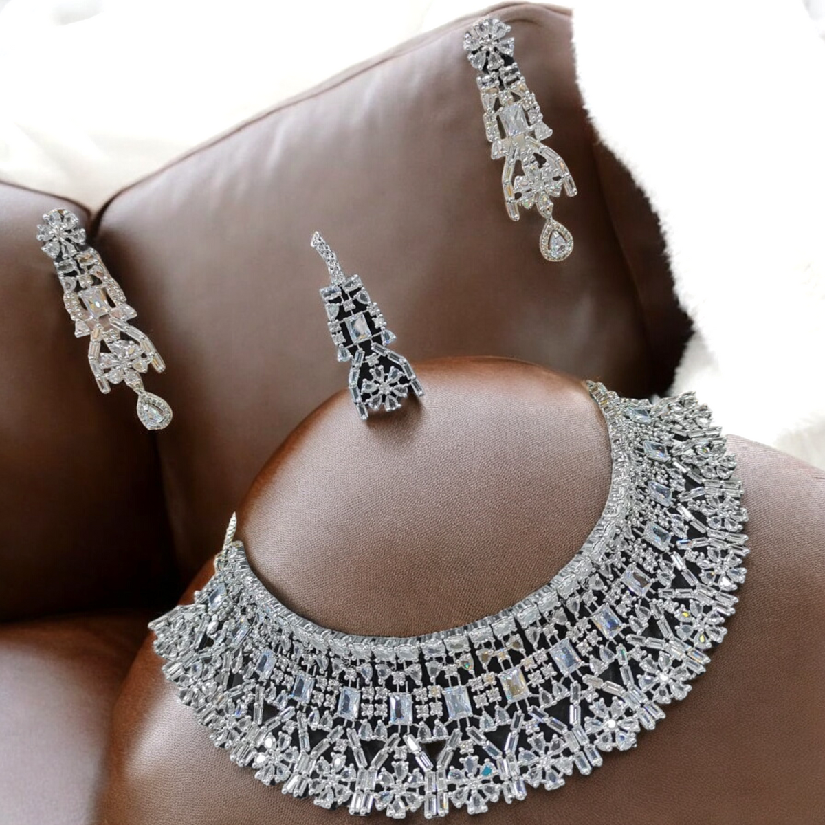 CZ Bollywood Inspired Necklace AD Earrings Set, AD Necklace Set, AD Jewelry Set, AD Choker Set, Indian Wedding AD Jewelry Set - Libasaa.com