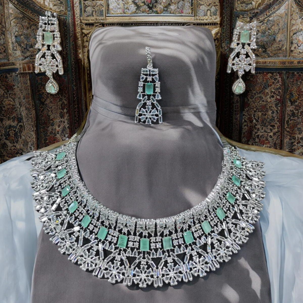 CZ Bollywood Inspired Necklace AD Earrings Set, AD Necklace Set, AD Jewelry Set, AD Choker Set, Indian Wedding AD Jewelry Set - Libasaa.com