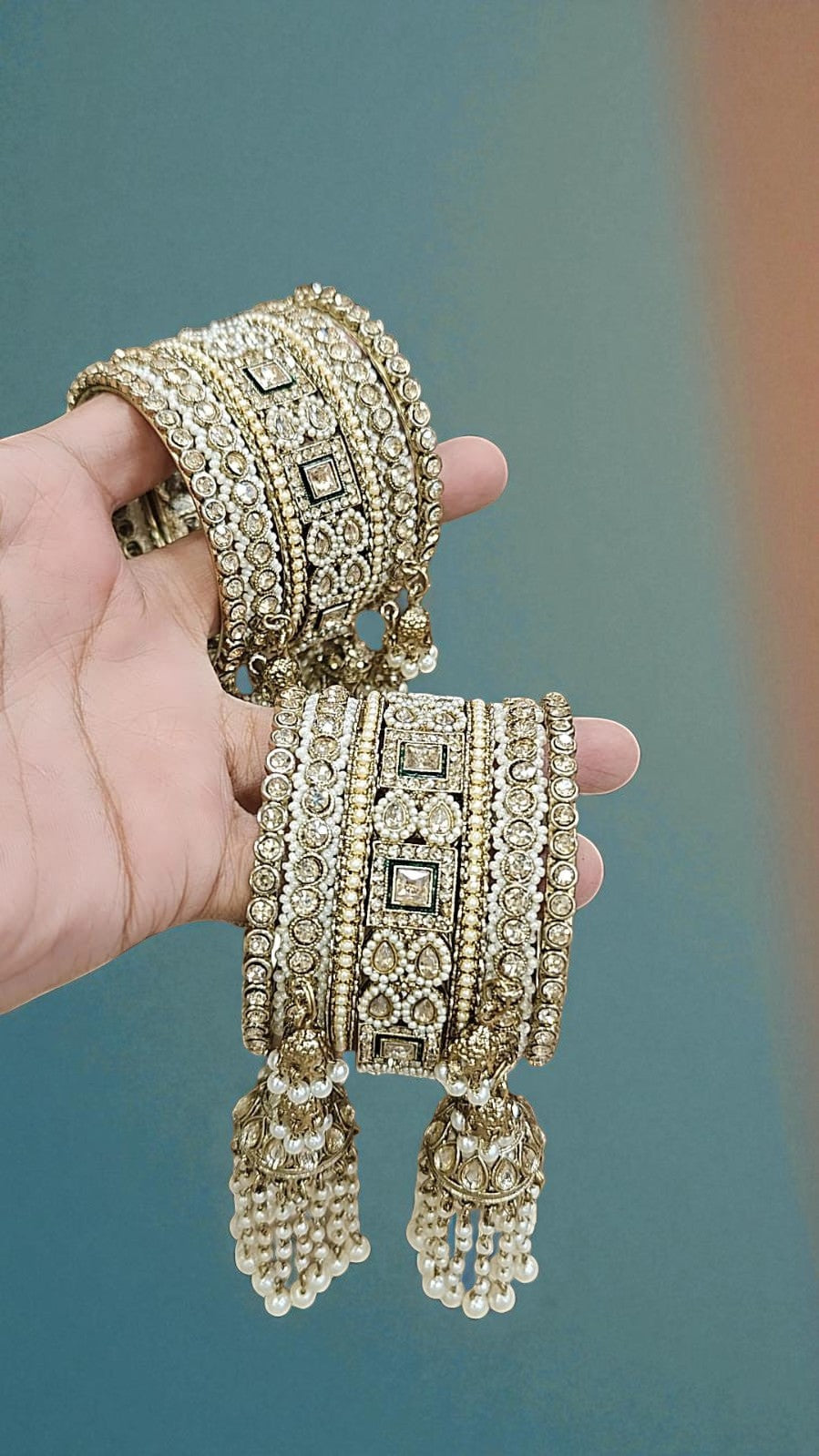 Kundan Pearl Beaded Mirror Bangle Set, Indian Wedding Jewelry, Kundan Jewelry - Libasaa.com