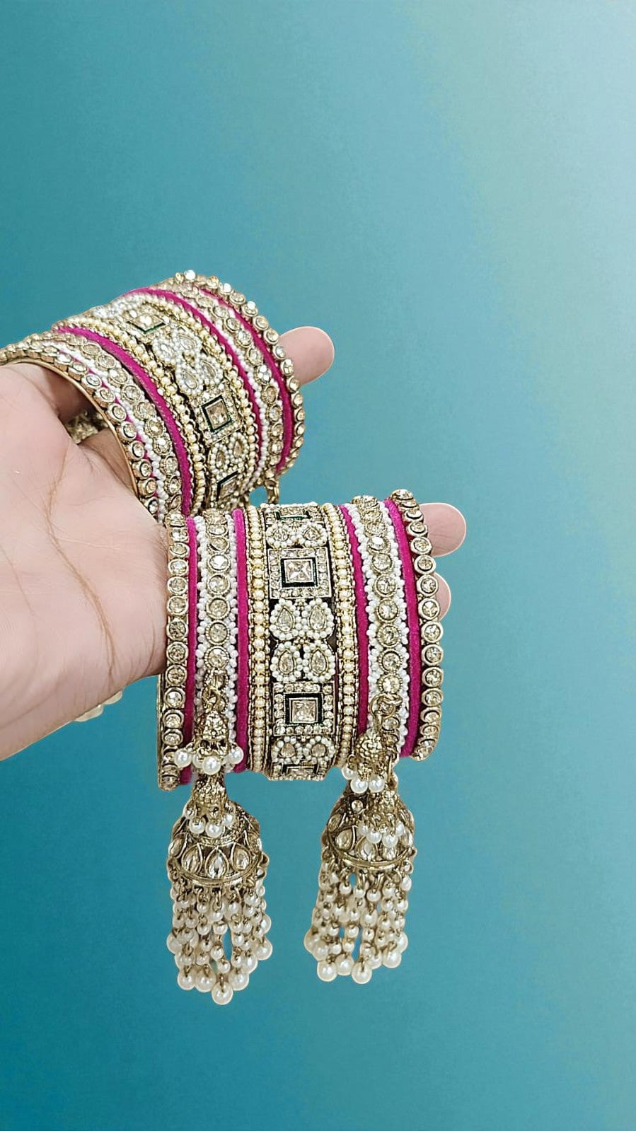 Kundan Pearl Beaded Mirror Bangle Set, Indian Wedding Jewelry, Kundan Jewelry - Libasaa.com