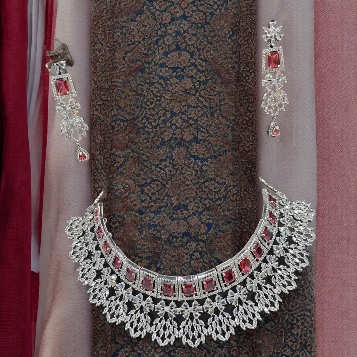 American Diamond Choker Necklace Bollywood Jewellery Set, Bollywood AD Jewellery, CZ Choker Earrings, Indian AD Choker, Pakistani Jewelry Set - Libasaa.com