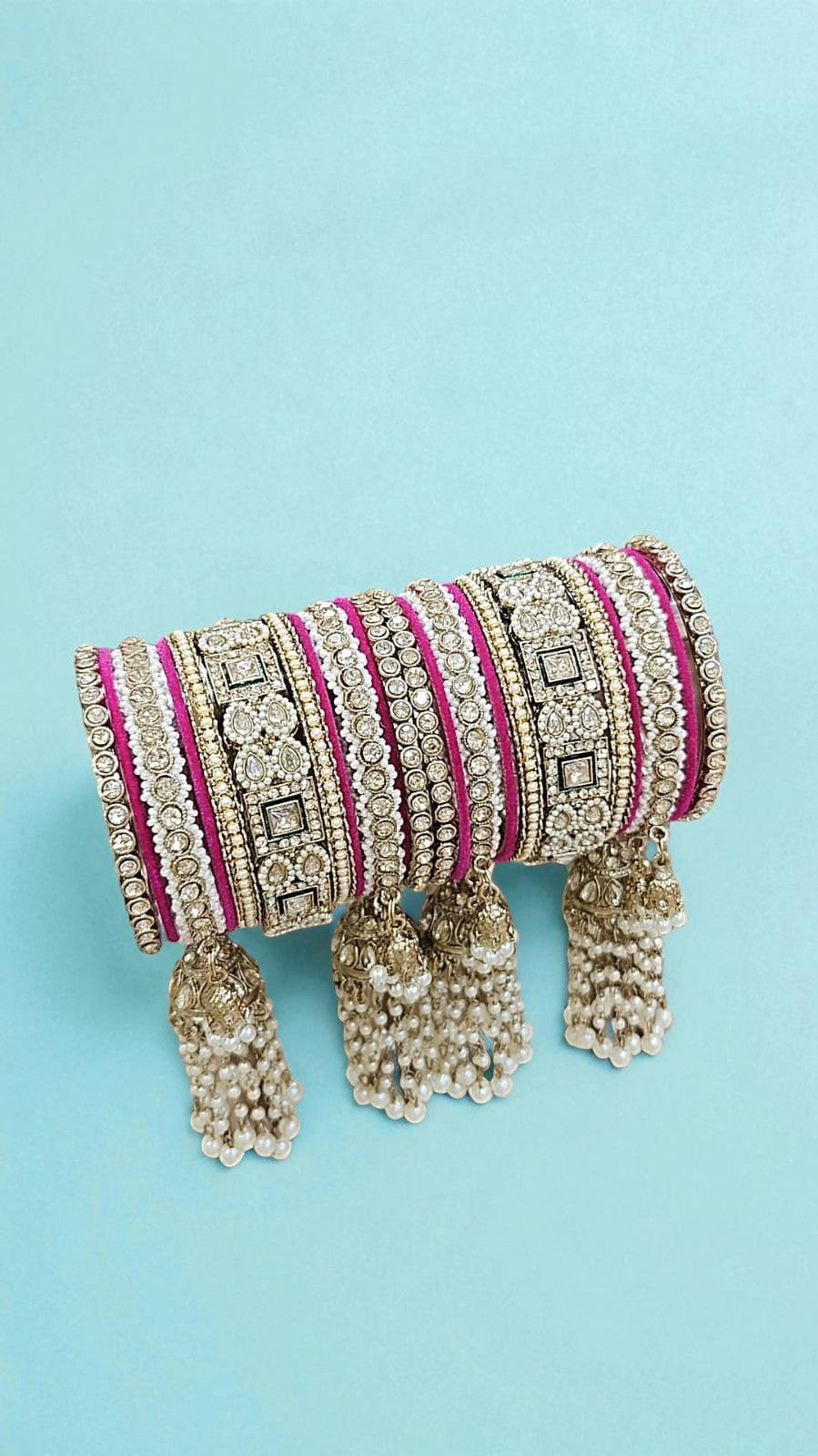 Kundan Pearl Beaded Mirror Bangle Set, Indian Wedding Jewelry, Kundan Jewelry - Libasaa.com