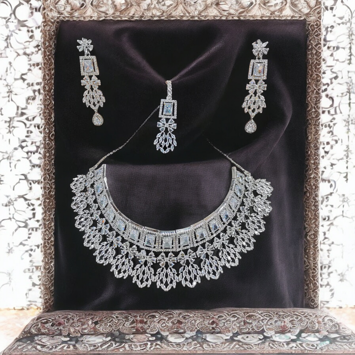 American Diamond Choker Necklace Bollywood Jewellery Set, Bollywood AD Jewellery, CZ Choker Earrings, Indian AD Choker, Pakistani Jewelry Set - Libasaa.com