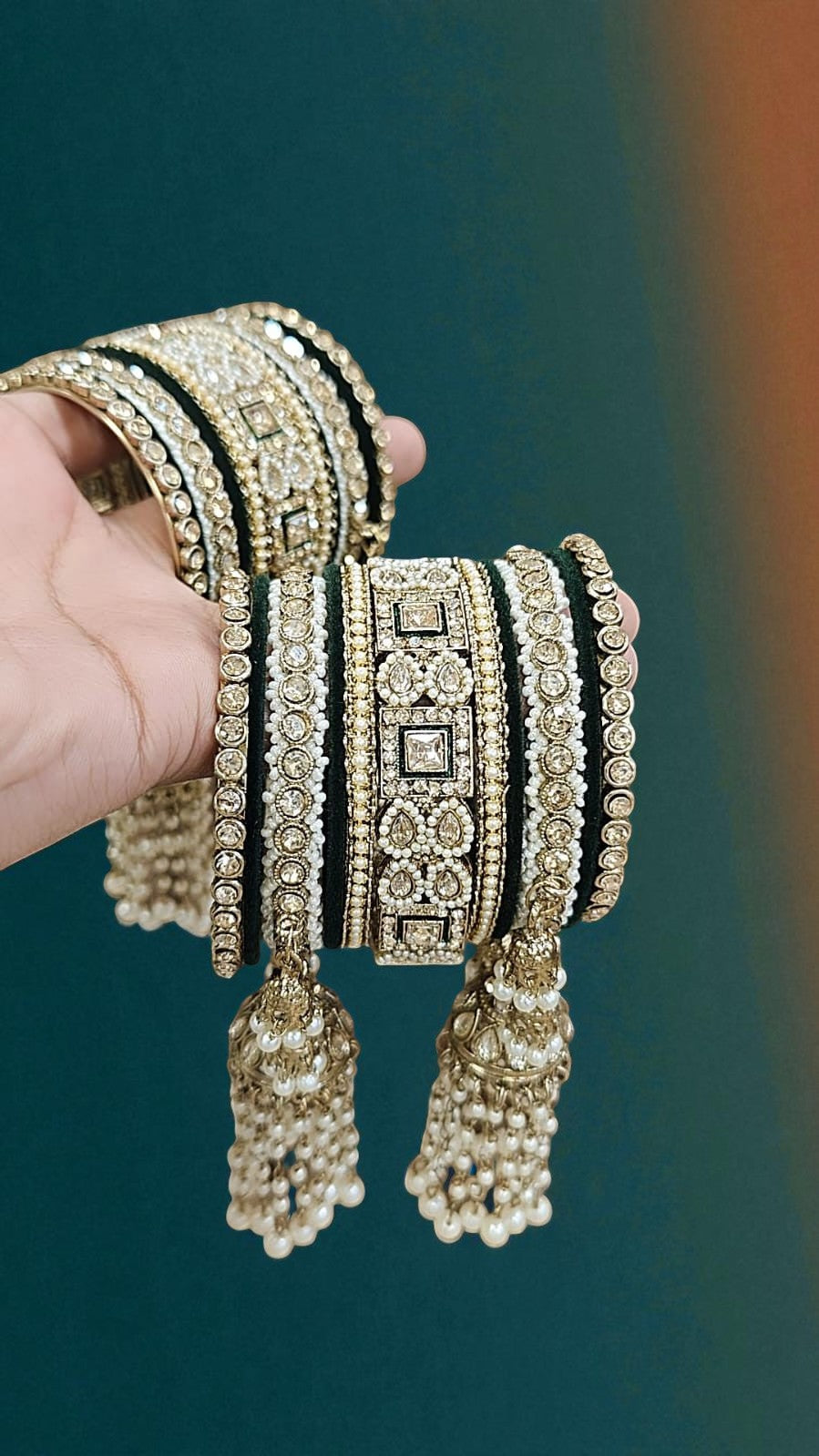 Kundan Pearl Beaded Mirror Bangle Set, Indian Wedding Jewelry, Kundan Jewelry - Libasaa.com