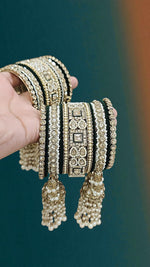 Kundan Pearl Beaded Mirror Bangle Set, Indian Wedding Jewelry, Kundan Jewelry - Libasaa.com
