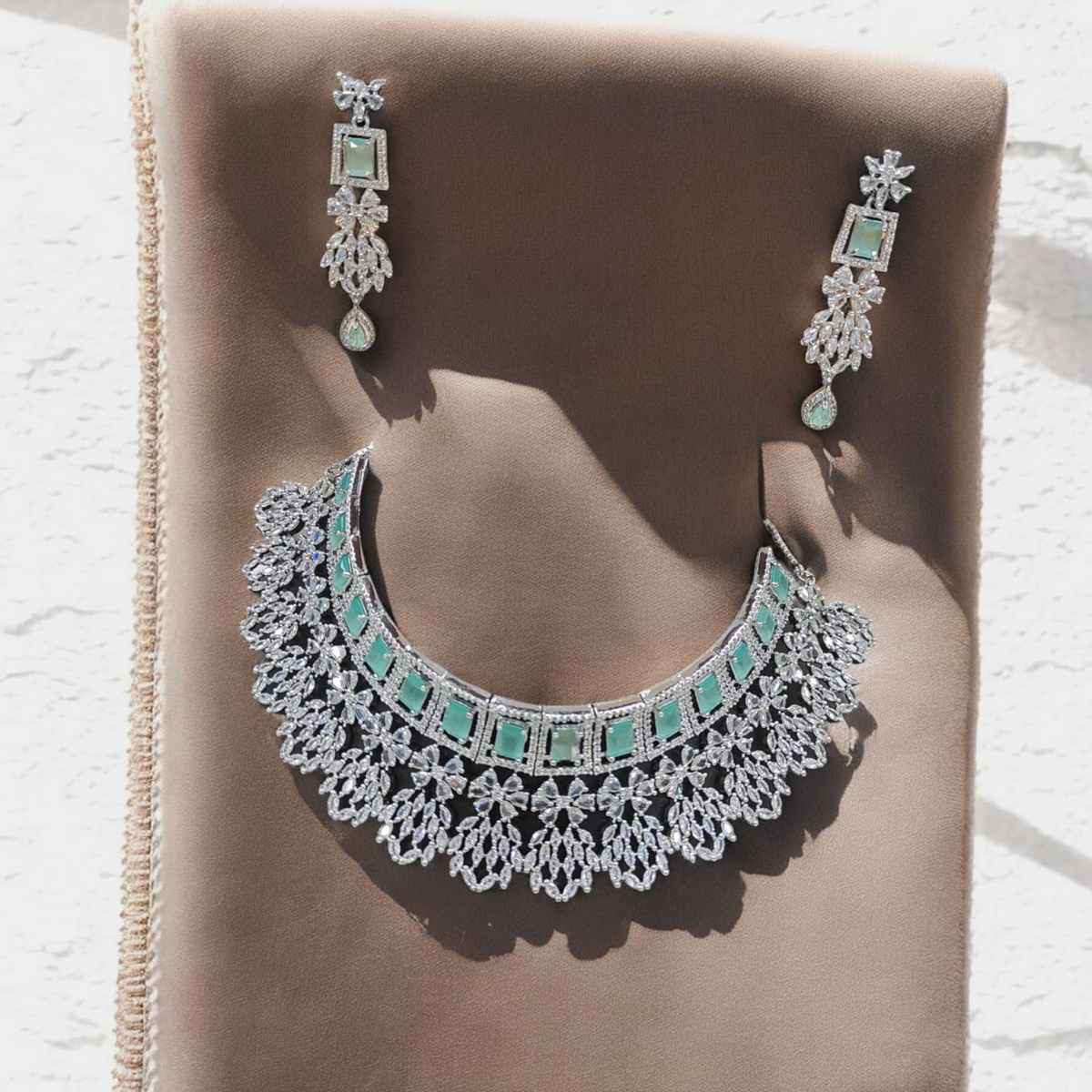 American Diamond Choker Necklace Bollywood Jewellery Set, Bollywood AD Jewellery, CZ Choker Earrings, Indian AD Choker, Pakistani Jewelry Set - Libasaa.com