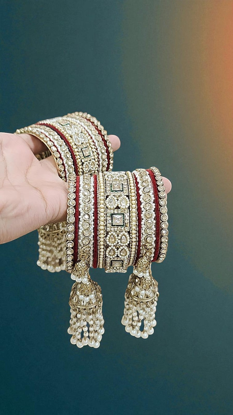 Kundan Pearl Beaded Mirror Bangle Set, Indian Wedding Jewelry, Kundan Jewelry - Libasaa.com