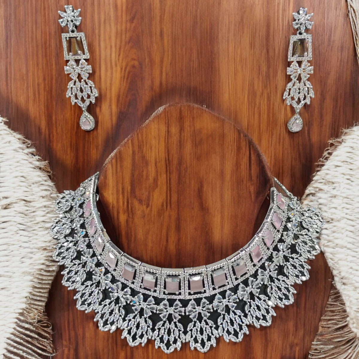 American Diamond Choker Necklace Bollywood Jewellery Set, Bollywood AD Jewellery, CZ Choker Earrings, Indian AD Choker, Pakistani Jewelry Set - Libasaa.com