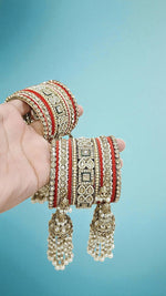 Kundan Pearl Beaded Mirror Bangle Set, Indian Wedding Jewelry, Kundan Jewelry - Libasaa.com
